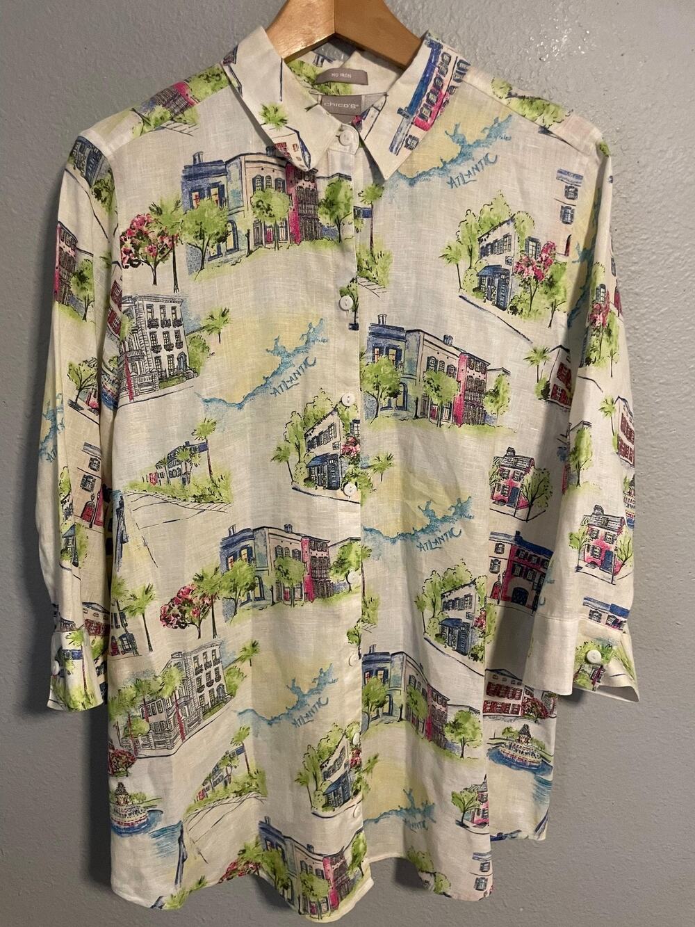 Chicos Womens Top Size 2 US 12/14 Cream Linen No Iron House Print Artsy Boho